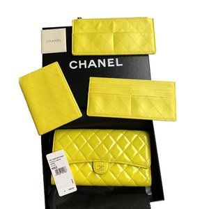 CHANEL 12P Yellow 4 PC Lot Leather Clutch Bag Wallet Card Holder Passport Cover